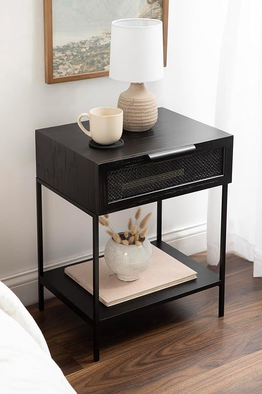 Kate and Laurel Ori Modern Cane Rectangle Side Table, 18 x 15 x 24, Black, Versatile Rattan Living Room End Table with Drawer for Storage and Home Decor