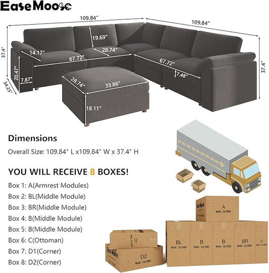 EASE MOOSE Oversized Sectional Modular Sofa,L Shape Sectional Couch with Ottoman,Deep Seat Cloud Couch for Living Room,Removable Cover