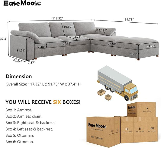 EASE MOOSE Oversized Modular Sectional Sofa, Modern Oversized U Shape Sectional Couch,Comfty Deep Modular Sofa with Ottoman,Light Gray Wide Sectional Modular Sofa for Living Room,Chenille