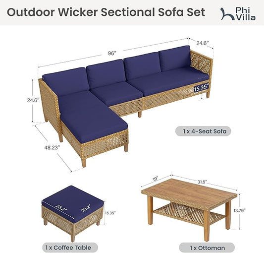 PHI VILLA Wicker Patio Furniture Set, 6 Seats Sectional Outdoor Sofa with Cushions and Acacia Wood Coffee Table, Patio Conversation Set for Garden, Backyard or Balcony, Navy Blue
