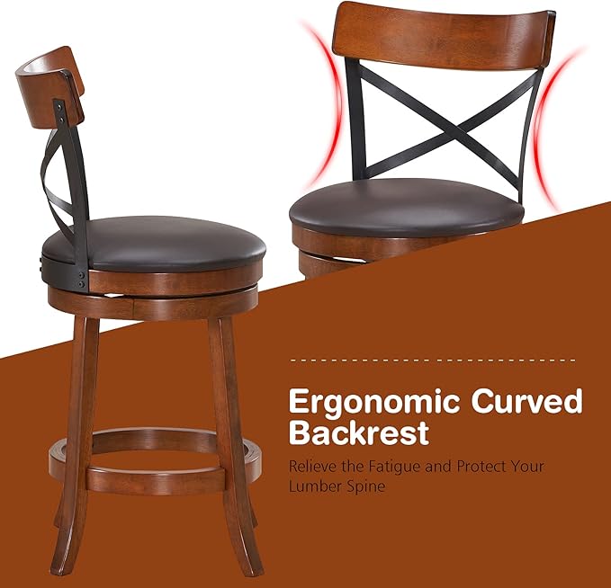 ERGOMASTER Swivel Bar Stools Set of 4 with PU Cushion and Solid Cappuccino Rubberwood Barstool for Kitchen Island Counter, Pub - 29 Inch Height