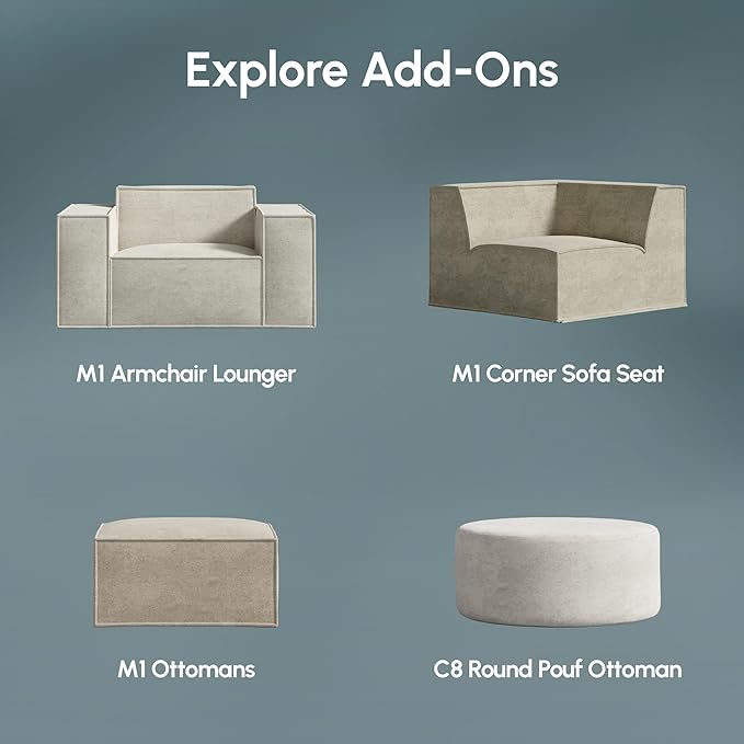ROVE LAB M1 Modular Sectional Sofa with Ottoman, Sofa in a Box, PetFriendly Modular Couch, Spill-Resistant,Sustainable, Stylish, Modern Sectional Couch for Living Room with SmartFoam Comfort