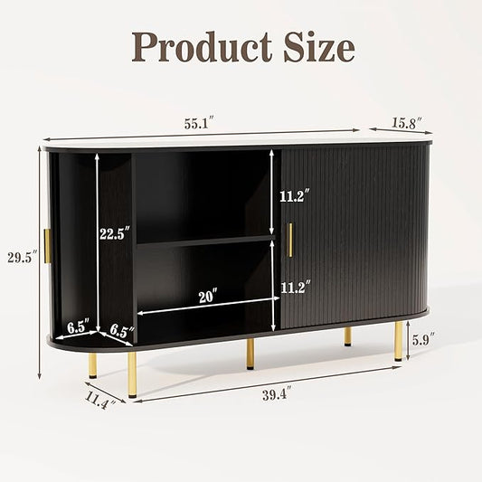 DHH Storage Cabinet, Fluted Sideboard Buffet Cabinet with Tambour Sliding Doors& Adjustable Shelf, Accent Coffee Bar Console Table for Kitchen, Living Room, Entryway (Black, 55 Inch)