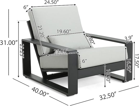Christopher Knight Home Aspen Outdoor Aluminum Club Chair, Durable Aluminum Lounge Chair, Armchair with Cushions, Metal Accent Chair, Tilt Backrest Recliner for Backyard, Garden, Balcony, Black+Grey