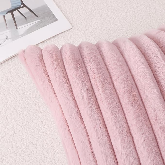 Pallene Faux Fur Plush Throw Pillow Covers 26x26 Set of 2, Luxury Soft Fluffy Striped Decorative Pillow Covers for Sofa, Couch, Living Room, Blush Pink