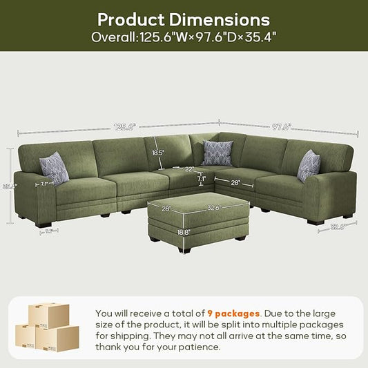 Wanderwell Oversized Modular Sectional Sofa, 6-Seater U Shaped Couches with Movable Ottoman,Corduroy Sectional Couch with Wide and Deep Seats Suitable for Living Room,Bedroom,Apartment (Olive, L-7)