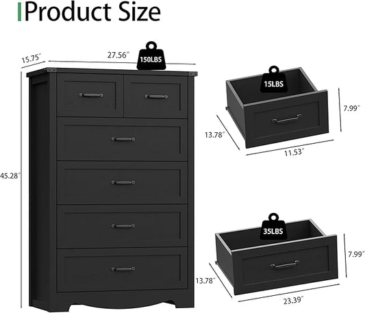 Dresser for Bedroom with 6 Drawers, 46" Tall Wood Chest of Drawers with Deep Drawers & Mental Handle, Modern Dresser TV Stand, Wooden Closet Storage Organizer for Living Room, Hallway, Entryway, Black