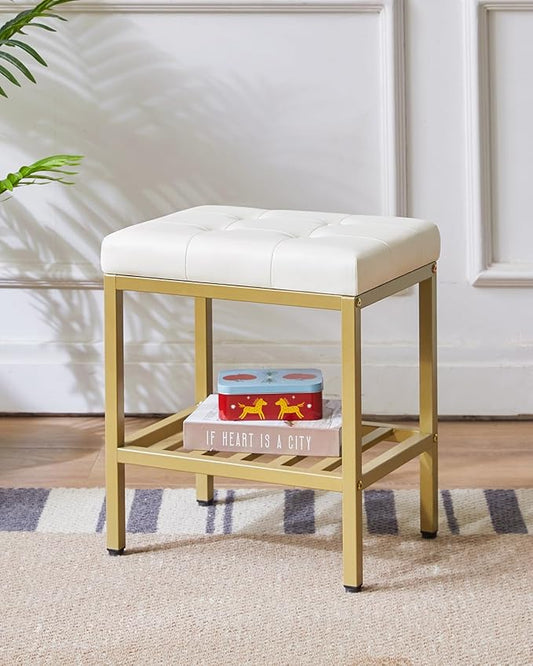 IBUYKE Rectangular Makeup Stool with Adjustable Feet and Storage Space, Footrest Chair, PU Vanity Seat, Multi-Use as Small Side Table or Ottoman, for Bedroom, White WBD017W