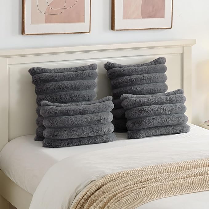 FUTEI Dark Grey Decorative Throw Pillow Covers 20x20 Inch Set of 2, Square Soft Faux Rabbit Fur Big Striped Cushion Cover,Home Decor for Couch Sofa Bed Living Room