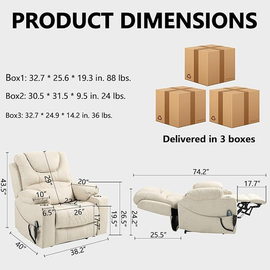 Large Power Lift Recliner Chair Sofa with Massage and Heat for Big and Tall Elderly,Infinite Positions,Dual Motor,Cup Holders,Extended Footrest,Velvet Home Theater Seat