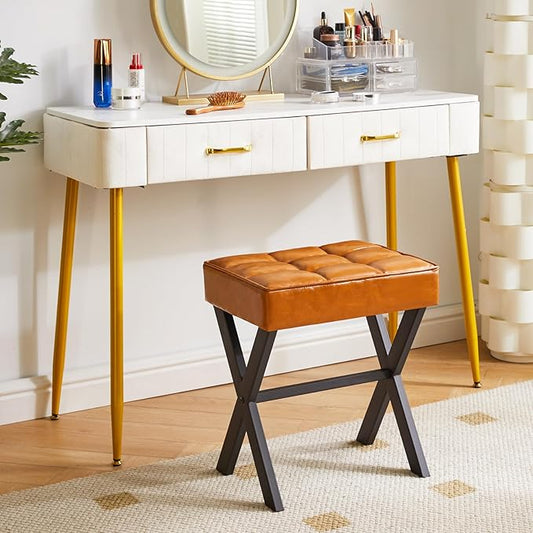 IBUYKE Square Makeup Stool with X-Leg Foot Rest, PU Footrest, Ottoman Seat, Multi-Use as Small Side Table, for Bedroom, Living Room, Light Brown LG-71J