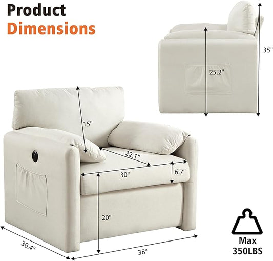 Oversized Accent Chair 38" Wide Mid-Century Modern Armchair for Living Room,USB and Type-C Ports,Comfy Reading Chairs for Bedroom with Side Pockets,Single Sofa Chair (Beige, Set of 1)