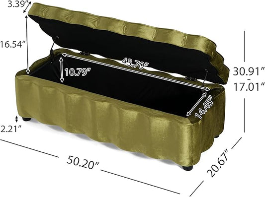 Christopher Knight Home Pean Living Room Ottoman with Storage, Velvet Upholstered Storage Ottoman Bench, Sofa Foot Stool with Wood Frame, Bedroom End of Bed Bench, Chic Scalloped Design, Olive Green