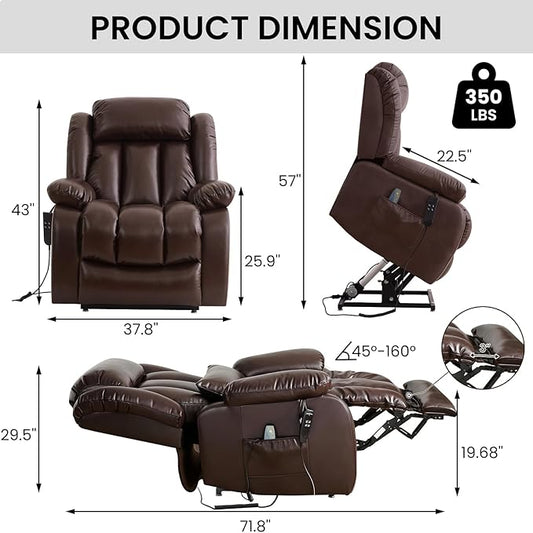 TEKAMON Power Lift Recliner Chair for Elderly with Heat & Massage, Dual Motor Breathable Leather Recliner, Lay Flat Sleeping Chairs with Infinite Position, RemoteControl(Brown, Extended)