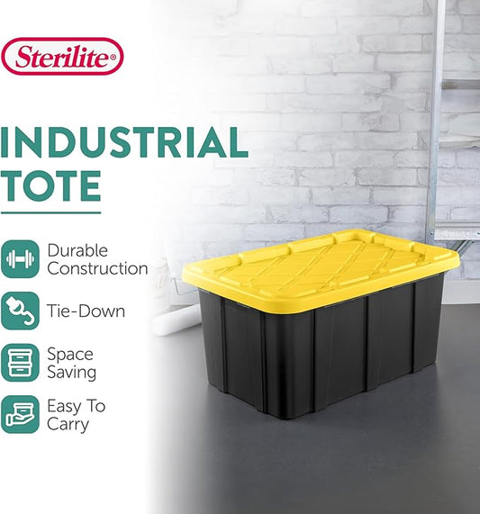 Sterilite 6-Pack Industrial Tote, Plastic Storage Container Bins with Lids, 17 Gallon - Heavy-Duty Organizing Containers for Closet, Bathroom, and Office