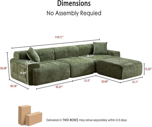 LIDYUK 118" Modern L-Shaped Boneless Couch Modular Sectional Sofa for Living Room, Chenille Upholstery Green, Oversized 3-Seater Sectional Couch with Deep Seat and Movable Ottoman, No Assembly