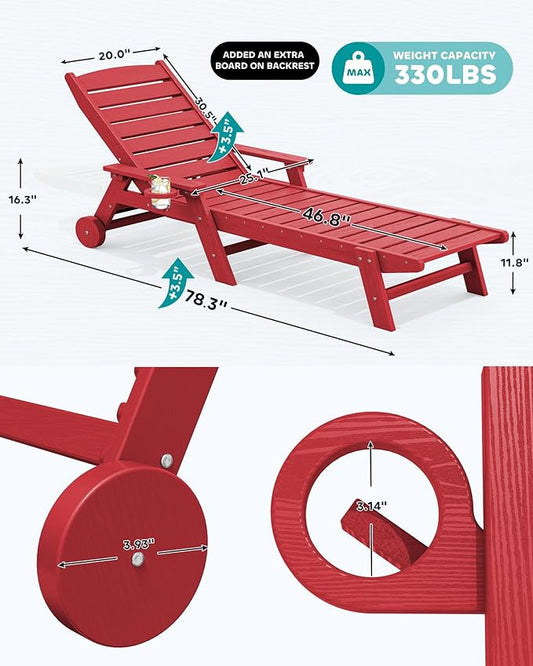 SERWALL Patio Chaise Lounge Chair Set of 2, 78'' Long 5-Positions Adjustable HDPE Outdoor Lounger for Pool, Poly Lounge Chair with Rolling Wheels & Cup Holder for Poolside, Deck, Bright Red