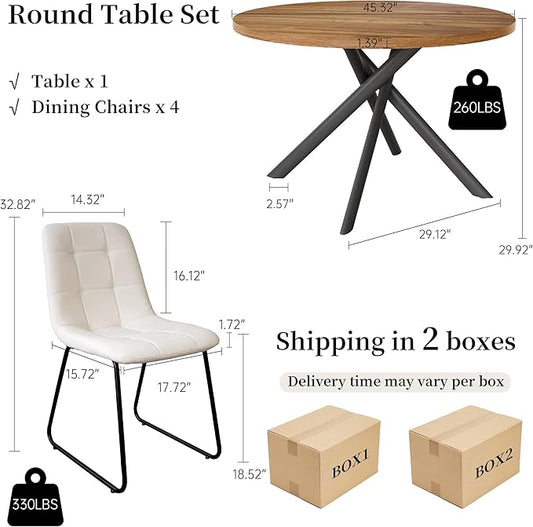 45.3 Inch Round Dining Table Set for 4, Mid Century Modern Small Coffee Set for Dining Room Kitchen Apartment (Light Walnut + 4 U-Shaped White Chairs)