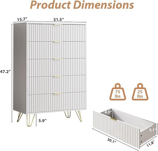 5 Drawers Dresser for Bedroom, 47" Tall Modern Chest of Drawers with Gold Handle, Fluted Wood Dresser for Bedroom, Living Room, Hallway, Entryway, White