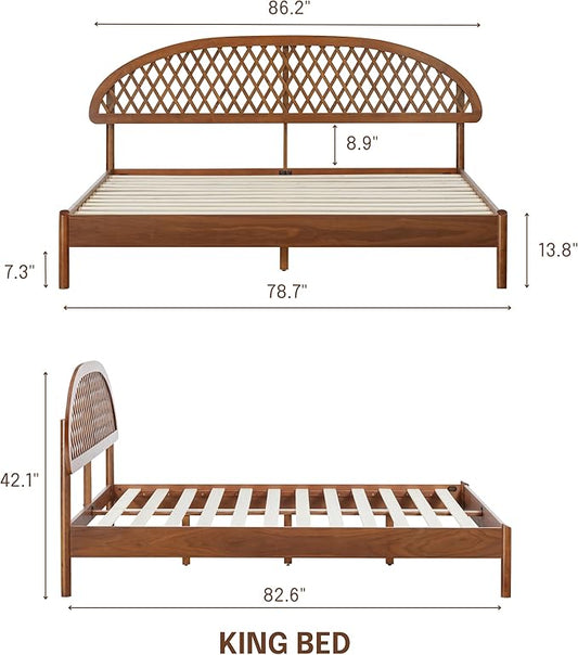 NTC Gem Wooden Bed Frame with Headboard, Crafted from Walnut, Rubber Wood with Silent Slats and Wood Central Supports, 1000 Lb Capacity, Effortless Assembly, King - Dark Walnut