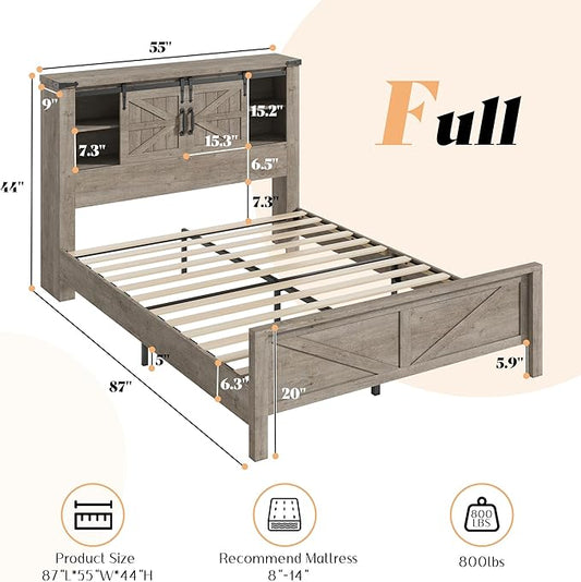 AMERLIFE Farmhouse Full Bed Frame with Storage Headboard & Charging Station, Rustic Wood Platform Bed with Barn Door Bookcase, No Box Spring Needed, Light Grey Bedroom Furniture