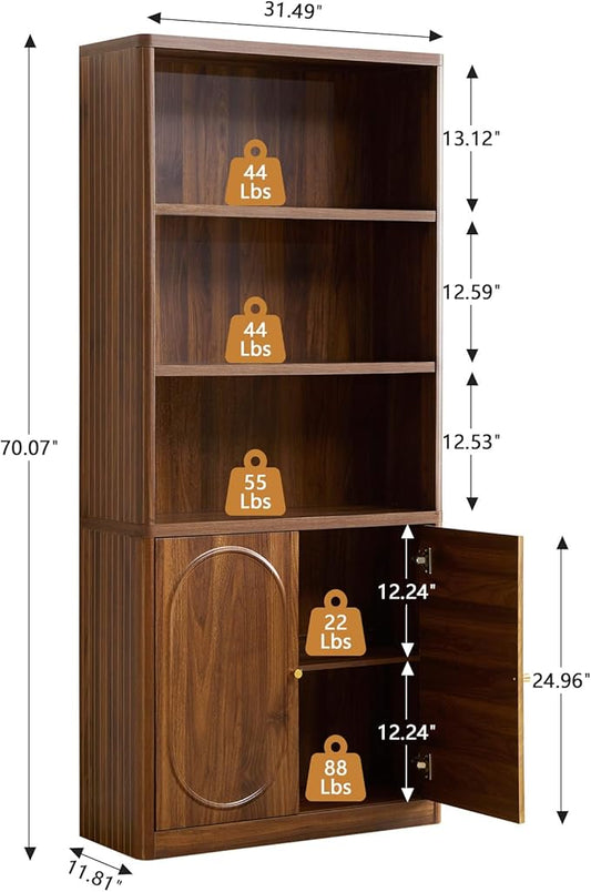 70.8" Tall Fluted Bookshelf with Storage Cabinet Set of 2, Modern 5-Tier Wood Bookcase with Open Display Storage Shelf, Gold Handles for Office Living Room (Walnut)