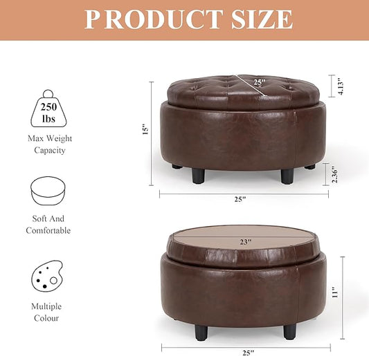 COLAMY Round Leather Storage Ottoman with Reversible Tray Lid – Multi-Functional Footrest, Hidden Storage, Sturdy & Stylish Small Coffee Table for Living Room, Bedroom, or Entryway(Brown)