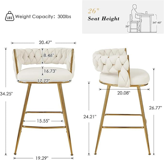 VECELO Bar Stools Set of 2, Counter Height Bar Stools, 26 inch Seat Barstools with Woven Back and Footrest for Kitchen Island Counter, White