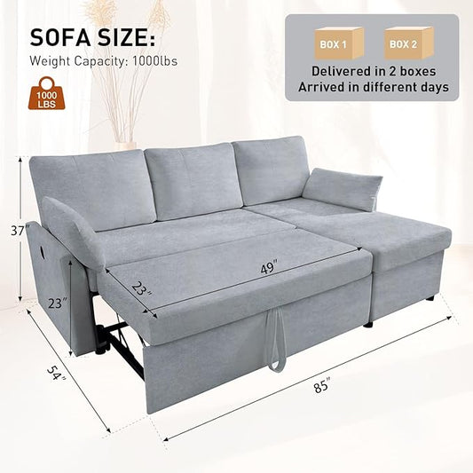 Waxberry Sectional Sofa Couch, Pull Out Couch Sleeper Sofa Bed with Storage for Living Room, Reversible Chaise, Side Pockets & Dual USB/Type-C Ports, Gray