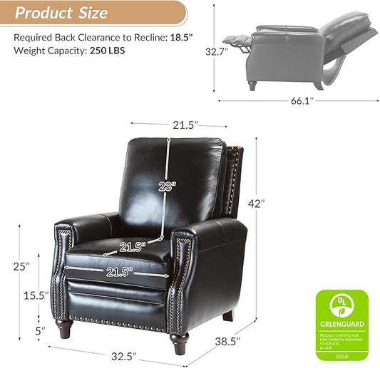 HULALA HOME Genuine Leather Recliner Chair, Classic Push Back Recliner Armchair with Thick Seat and Backrest (Black)