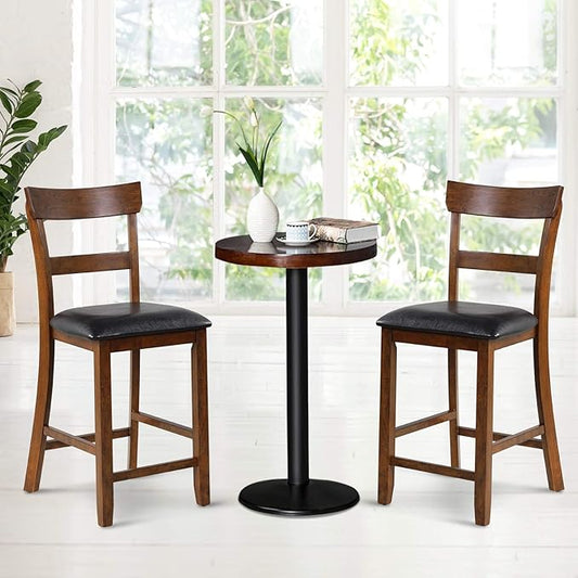 COSTWAY Counter Height Bar Stools Set of 2, 25.5 Inch Mid Century Modern Wooden High-top Chairs with Backrest, Rubber Wood Legs, Faux Leather Seat, Farmhouse Barstools for Kitchen Island, Pubs