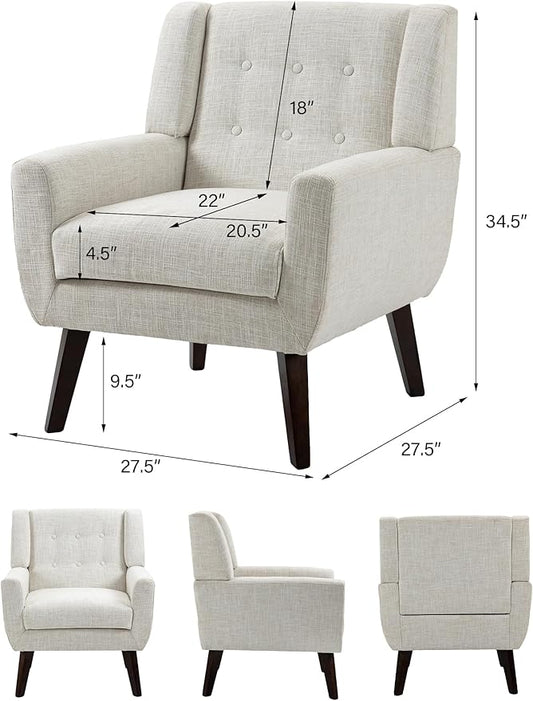 Accent Chair, Mid-Century Modern Fabric Chairs with Arms for Living Room, Comfy Upholstered Club Single Sofa Armchair for Bedroom Waiting Room with Solid Wood Frame (Fabric Beige, Set of 2)