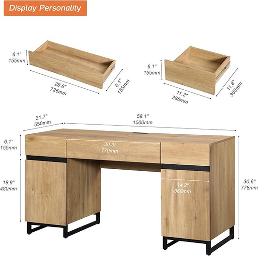 WAMPAT 59" Modern Executive Desk with Drawers, Home Office Computer Desk with Charging Station, File Drawer, Storage Cabinet, Wood Writing Desk for Work and Study, Oak