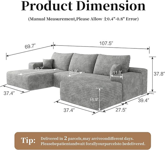 107.5" Compressed Boneless Couch with Ottoman, 2 Seater Large U Shaped Sectional Couches for Living Room, Grey Corduroy Cloud Modular Sectional Sofa, Memory Foam, No Assembly,Light Facing Chaise