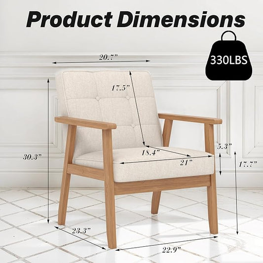 Modern Accent Chairs Set of 2, Upholstered Linen Fabric Leisure Chairs with Backrest Button and Wooden Frame for Living Room Bedroom Reading (Beige)