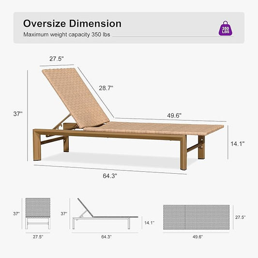PURPLE LEAF Patio Oversized Chaise Lounge Rattan Chair Set of 2 Outdoor Pool Adjustable Recliner Wicker Chairs for Outside Woven Furniture Tanning Poolside Lounger Sand Brown