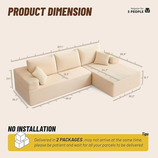 107" Boneless Couch with Deep Seat, Modular Sectional Sofa, Cloud Sectional Couch for Living Room, No Assembly Required, Corduroy, L-Shape Right,White