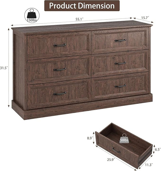 Farmhouse 6 Drawer Dresser for Bedroom, 55 Inch Wide Modern Brown Dresser TV Stand with Large Drawers & Bar Handles, Rustic Wood Chest of Drawers for Bedroom, Living Room, Hallway