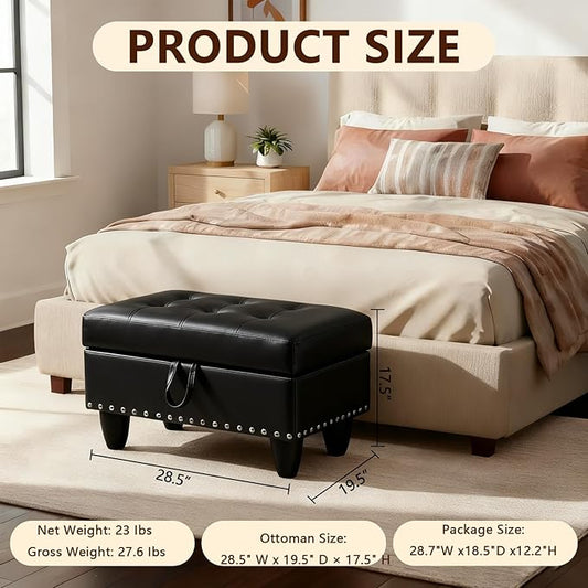 Faux Leather Storage Ottoman with Nailhead Trim, 28.5"X19.5"X17.5" Footrest Stool, Hidden Storage Foot Stool for Living Room, Bedroom Furniture, Black