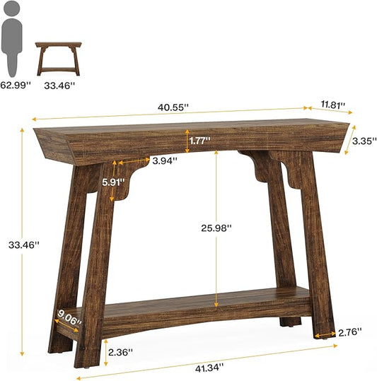 Tribesigns 41.3" Farmhouse Console Table, Small Entryway Table with 2-Tier Storage, Narrow Wooden Sofa Table Behind Couch for Living Room, Foyer, Hallway, Rustic Brown