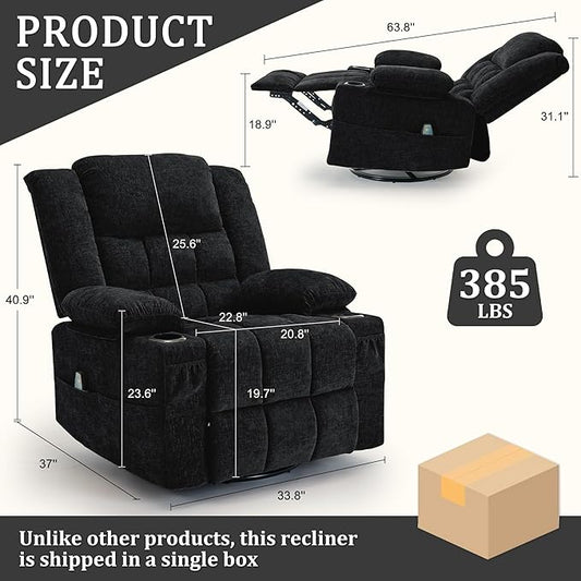 360° Rotating Adult Rocking Recliner, Baby Room Glider with Massage and Heating Functions, Rocking Chair with Cup Holder, Manual Recliner for Living and Bedroom (Fabric, Black)