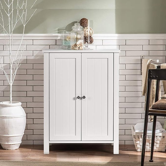 COSTWAY Bathroom Floor Cabinet - Freestanding Side Storage Organizer with Double Doors & Adjustable Shelf, Wooden Storage Cabinet for Living Room, Bedroom, Kitchen, Entryway (White)