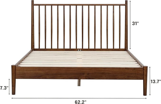 NTC Inno Wooden Bed Frame with Headboard, Solid Oak and Rubber Wood Foundation with Silent Slats and Wood Central Supports, 1000 Lb Capacity, Effortless Assembly, Queen - Dark Walnut