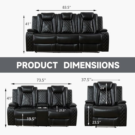 Power Recliner Sofa Set with LED, Black Leather Reclining Living Room Sofa, Muti-Functional Recliner Sofa and Couch with Storage Console/Cup Holders/USB Ports
