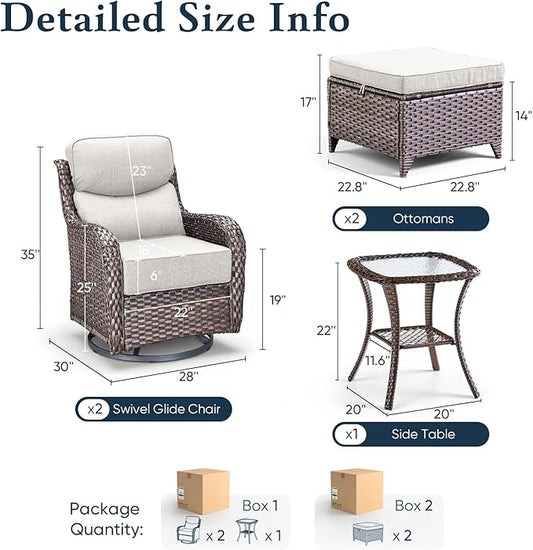 Belord Luxury 6" Thick Cushioned 5 Pieces Patio Furniture Set with 2 Ottomans, Wicker Outdoor Conversation Set with High Back Swivel Rocker Patio Chairs for Deck Porch Yard and Poolside - Brown+Beige