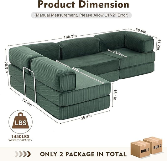 108" L Shaped Couch, Modular Sectional Sofa with Chaise, Cloud Boneless Couch with Deep Seat & Removable Pillow for Living Room, Bedroom,No Assembly Required(Dark Green)