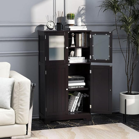 COSTWAY Bathroom Storage Cabinet, Wooden Linen Storage Organizer Cupboard with Doors & Adjustable Shelf, Freestanding Floor Cabinet for Living Room, Kitchen, Entryway, Office (Brown)