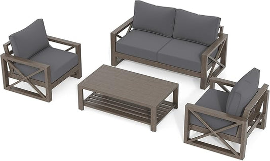 UDPATIO 4 Piece Faux Wood Aluminum Patio Furniture Set Modern Patio Conversation Set with Coffee Table for Balcony, Backyard, Deck, 600D Waterproof Furniture Cover Included, Dark Grey