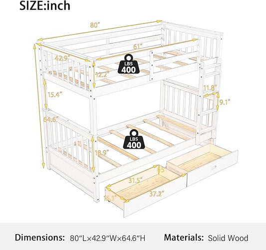 Merax Wood Bunk Bed with Drawers,Convertible Bunk Bed with Ladders and Two Storage Drawers,Solid Wood Detachable Bed Frame with Ladders,Twin Over Twin Size,White