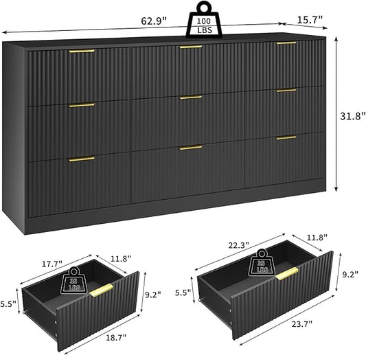 Dresser for Bedroom with 9 Drawer, 63” Long Black Dresser Modern Chest of Drawers with Metal Handle, Wood TV Stand Storage Organizer for Bedroom, Living Room, Black